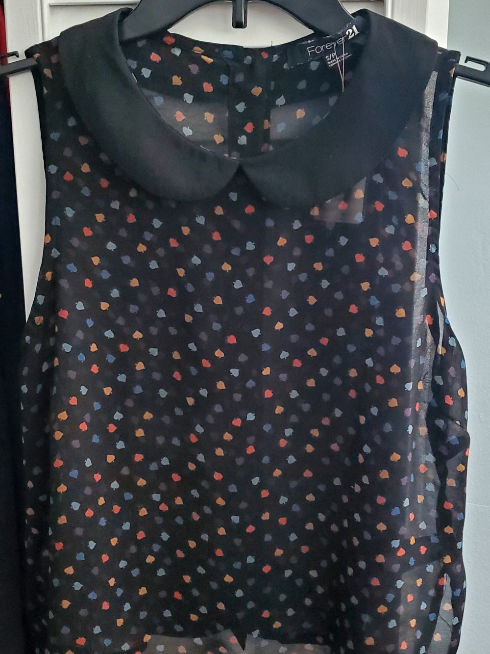 Black Sleeveless Peter Pan Collar Multicolor Leaf Print